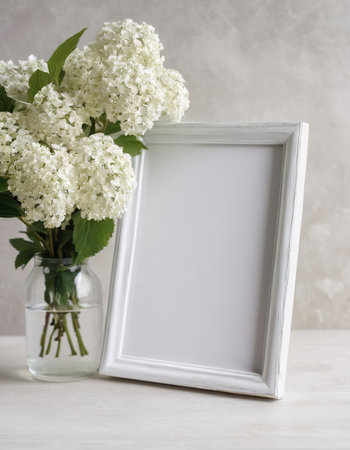 Blank photo frame with white hydrangea flowers in glass vase on white wooden tableの素材