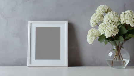 White hydrangea flowers in vase and photo frame on white wooden table.の素材