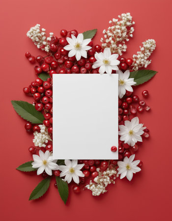 Blank card with white flowers and viburnum on red backgroundの素材