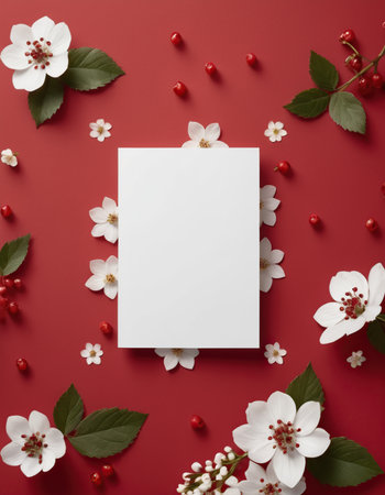 Blank card with white flowers on red background. Flat lay, top viewの素材