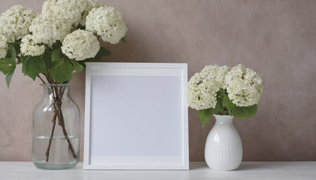 White hydrangea flowers in vase and white photo frame on table.の素材