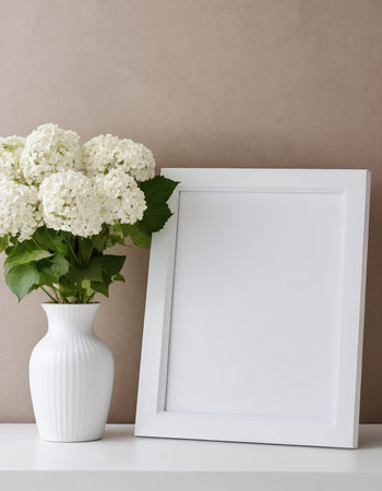White photo frame mockup with white hydrangea flowers in vase on table.の素材