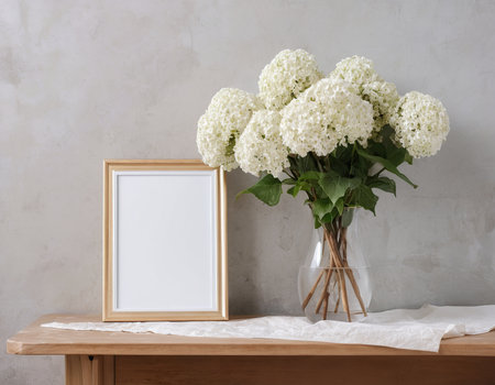 White hydrangea flowers in vase and photo frame on wooden tableの素材