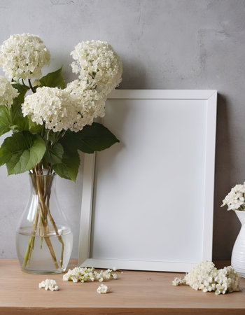 White hydrangea flowers in vase and white frame on wooden tableの素材