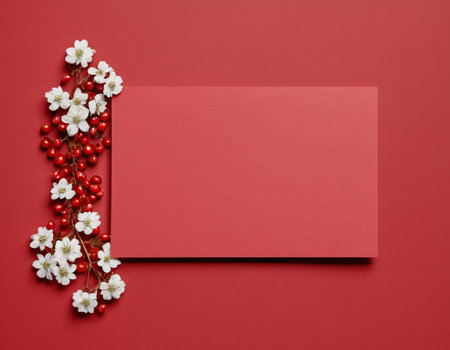 Blank greeting card with red berries and white flowers on red backgroundの素材