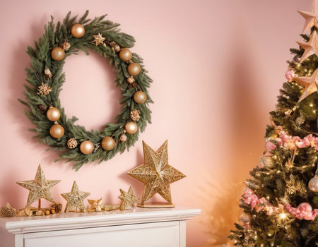 Christmas wreath on the mantelpiece against the background of a pink wallの素材
