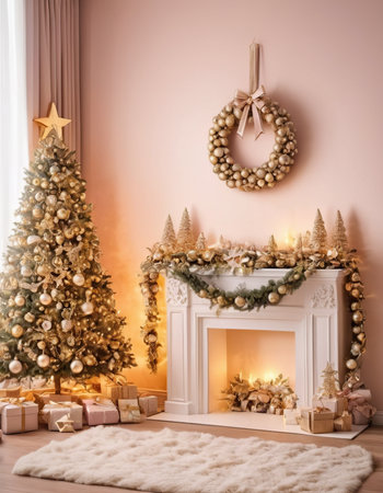 Beautiful Christmas interior with fireplace, Christmas tree, gifts and garlandsの素材