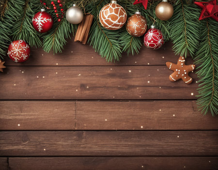 Christmas fir tree branches with decoration on wooden background. Top view with copy spaceの素材