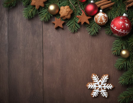 Christmas background with gingerbread cookies and christmas tree branches on wooden boardの素材