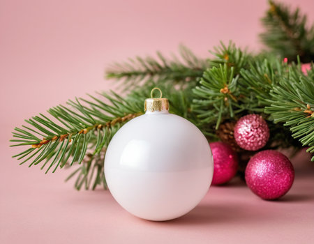 Christmas tree branch with pink and white ball on pink background. New Year concept.の素材