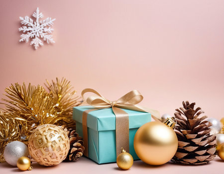 Christmas background with decorations and gift box on pink background. Copy space.の素材