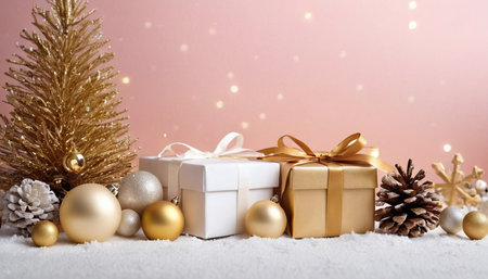 Christmas decoration with gift box and christmas tree on pink background.の素材