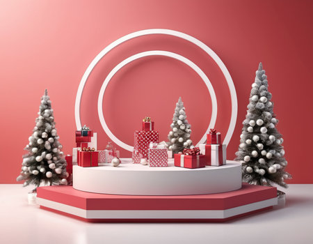 podium with christmas tree and gift boxes on red background, 3d renderの素材