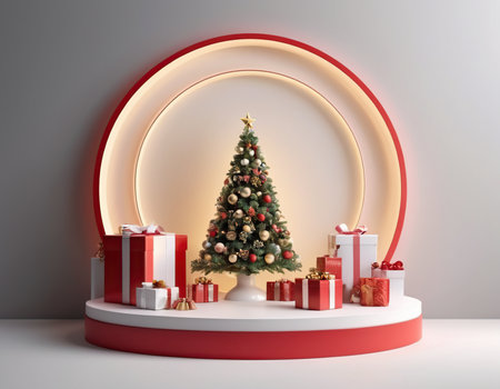 3d render of christmas tree with gift boxes on podium.の素材