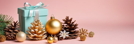 Christmas or New Year composition. Gifts, pine cones, Christmas balls on pink background.の素材