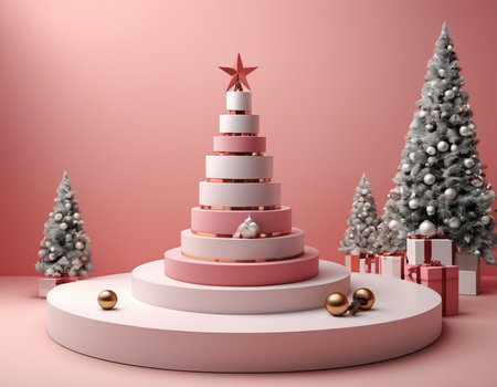 pink podium with christmas tree and presents 3d-illustrationの素材