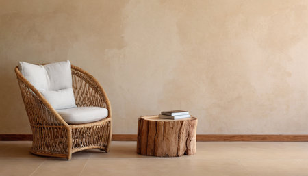 Comfortable rattan armchair and book on the floor. 3d renderingの素材