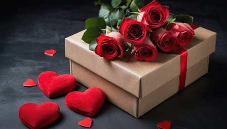 Valentine's day gift box with red roses on black backgroundの素材