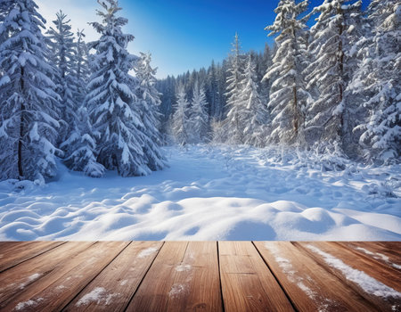 Wooden table in the winter forest with snow covered trees and blue skyの素材