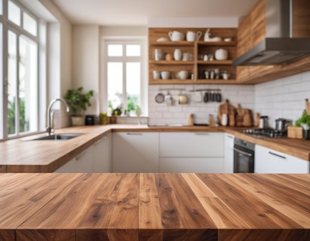 Empty wooden table and modern kitchen interior background, product display montageの素材