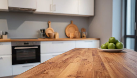 Blurred image of modern kitchen interior for background usage. Kitchen with wooden countertop.の素材
