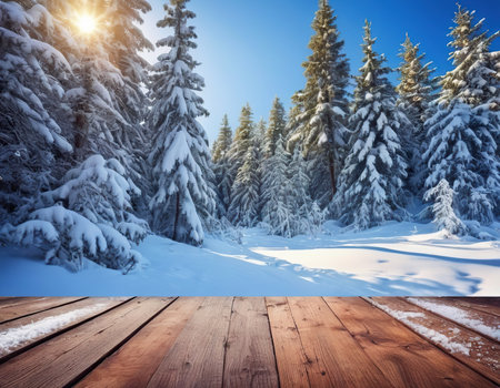 Wooden floor in winter forest with snow covered trees and blue skyの素材