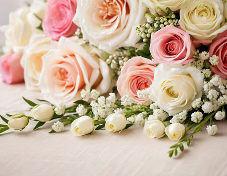 Bridal bouquet of white and pink roses on the tableの素材