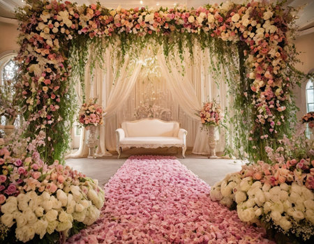 Wedding arch decorated with flowers and a white sofa. Wedding decorationsの素材