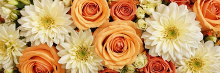 Orange and white roses in a bridal bouquet as a backgroundの素材