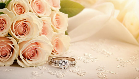 Wedding rings on the background of a bouquet of rosesの素材