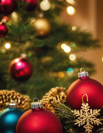 Christmas tree with red and blue baubles on bokeh backgroundの素材