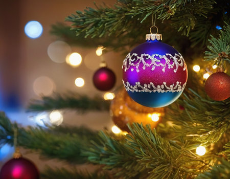 Decorated Christmas tree on blurred background with bokeh effectの素材