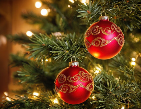 Christmas tree decoration with red baubles and glowing garland.の素材