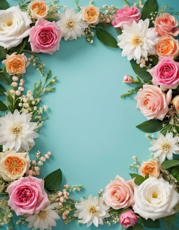 Flowers composition. Frame made of flowers on blue background. Flat lay, top view, copy spaceの素材