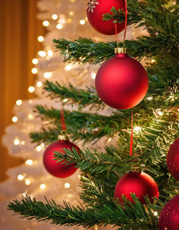 Christmas tree with red baubles and lights on bokeh backgroundの素材