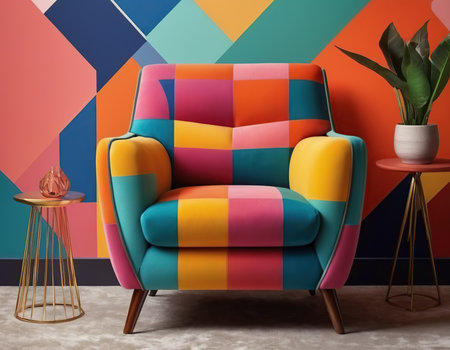 Armchair in a room with colorful wallpaper. 3d rendering.の素材