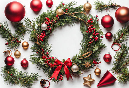 Christmas wreath with red baubles and decoration on white backgroundの素材