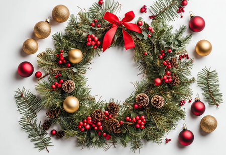 Christmas wreath with baubles and fir branches on white backgroundの素材