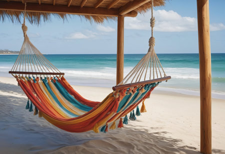 Hammock on the sandy beach of the Caribbean island of Barbadosの素材