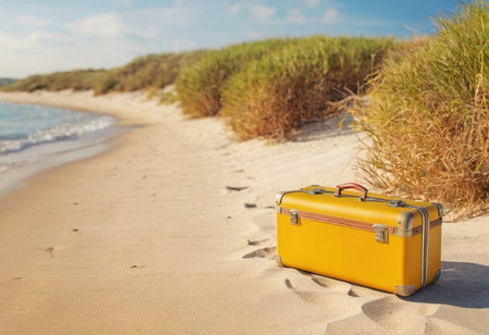 Yellow suitcase on the beach. Vacation and travel concept. Copy spaceの素材