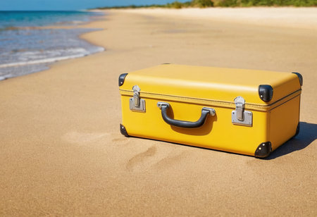 Yellow travel suitcase on sandy beach with sea background. Travel concept.の素材