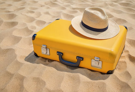 Yellow suitcase with straw hat on the sandy beach. Travel concept.の素材