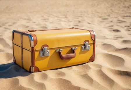 Vintage suitcase on the sand in the desert. Travel concept.の素材