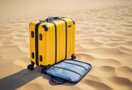Pair of yellow travel suitcases on the sand with copy spaceの素材