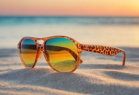 Sunglasses on the sand near the sea at sunset time.の素材