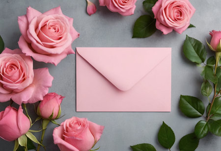 Pink roses and pink envelope on gray background. Flat lay, top viewの素材