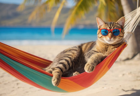 Cute tabby cat in sunglasses lying in hammock on the beachの素材