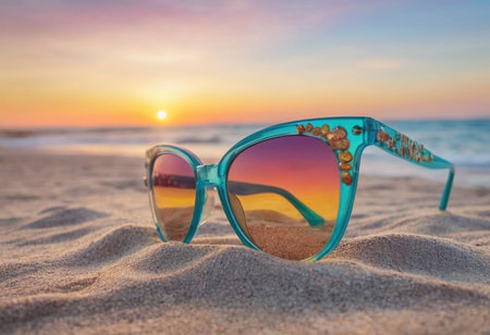 Sunglasses on the beach at sunset time. Travel and vacation concept.の素材