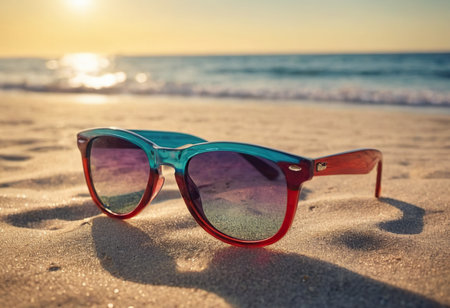 Sunglasses on the beach at sunset. Selective focus. nature.の素材