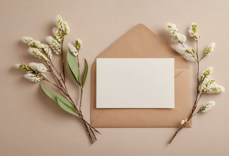 Envelope with blank card and spring flowers on beige backgroundの素材